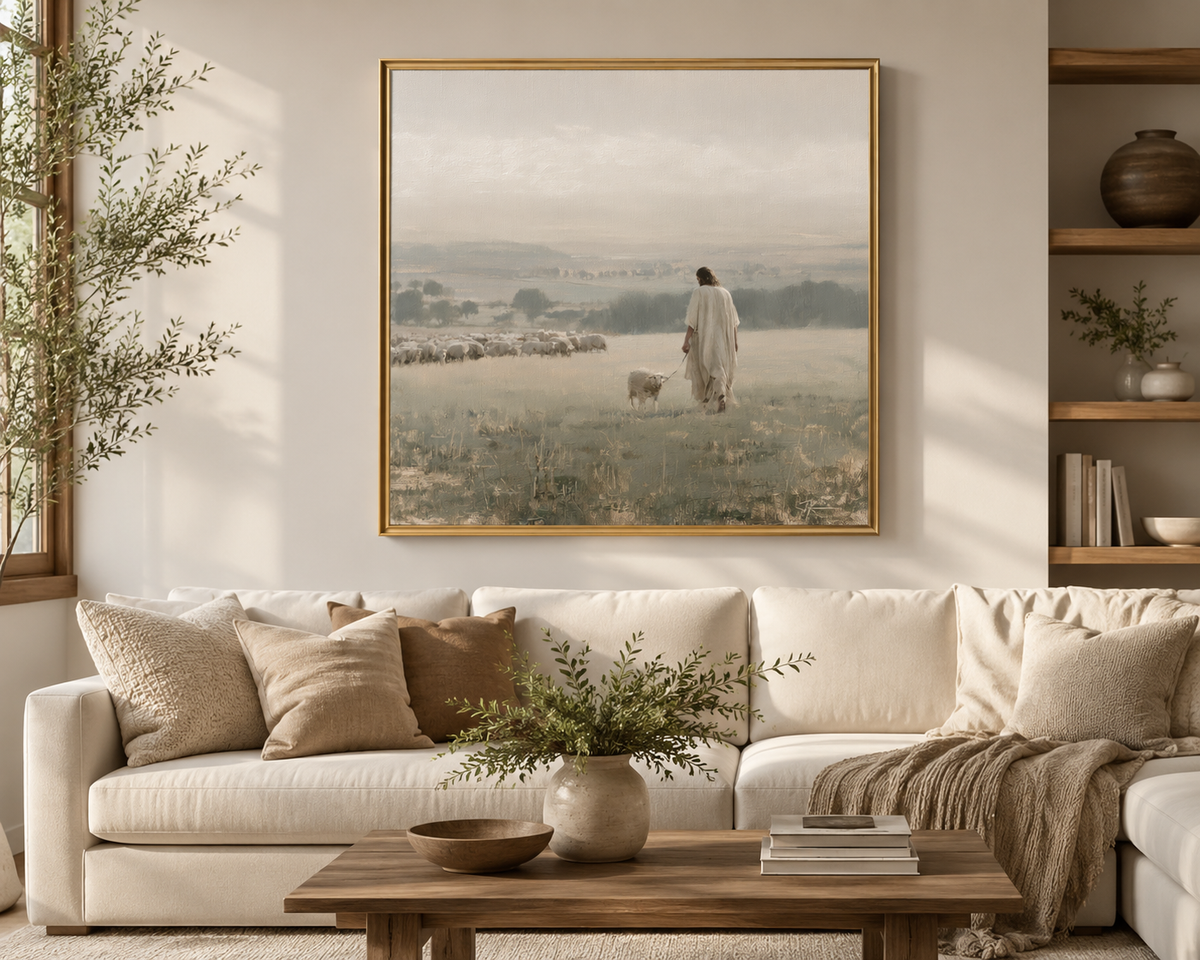 The Good Shepherd walking with sheep, framed canvas styled above a living room sofa